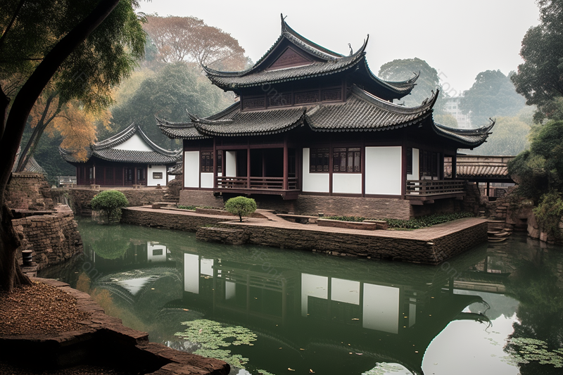 古建筑庭院水边建筑景,高清,摄影图,摄影图片,图片大全,摄影图免费下载